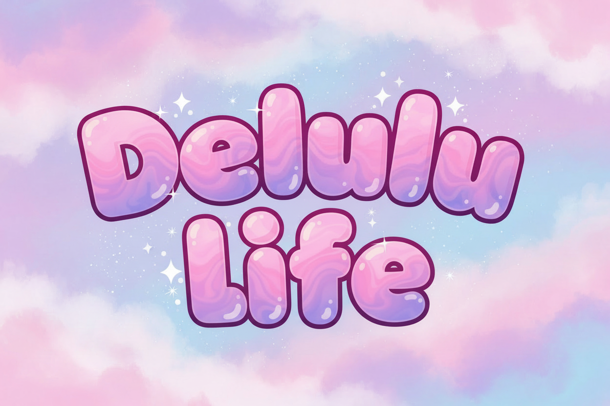 Delulu Life in pink and purple bubble letters